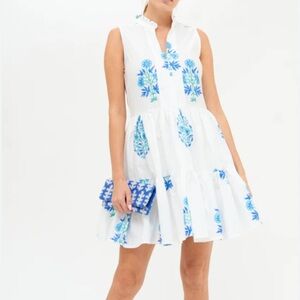 Oliphant White Cotton Dress with Blue Floral Embroidery